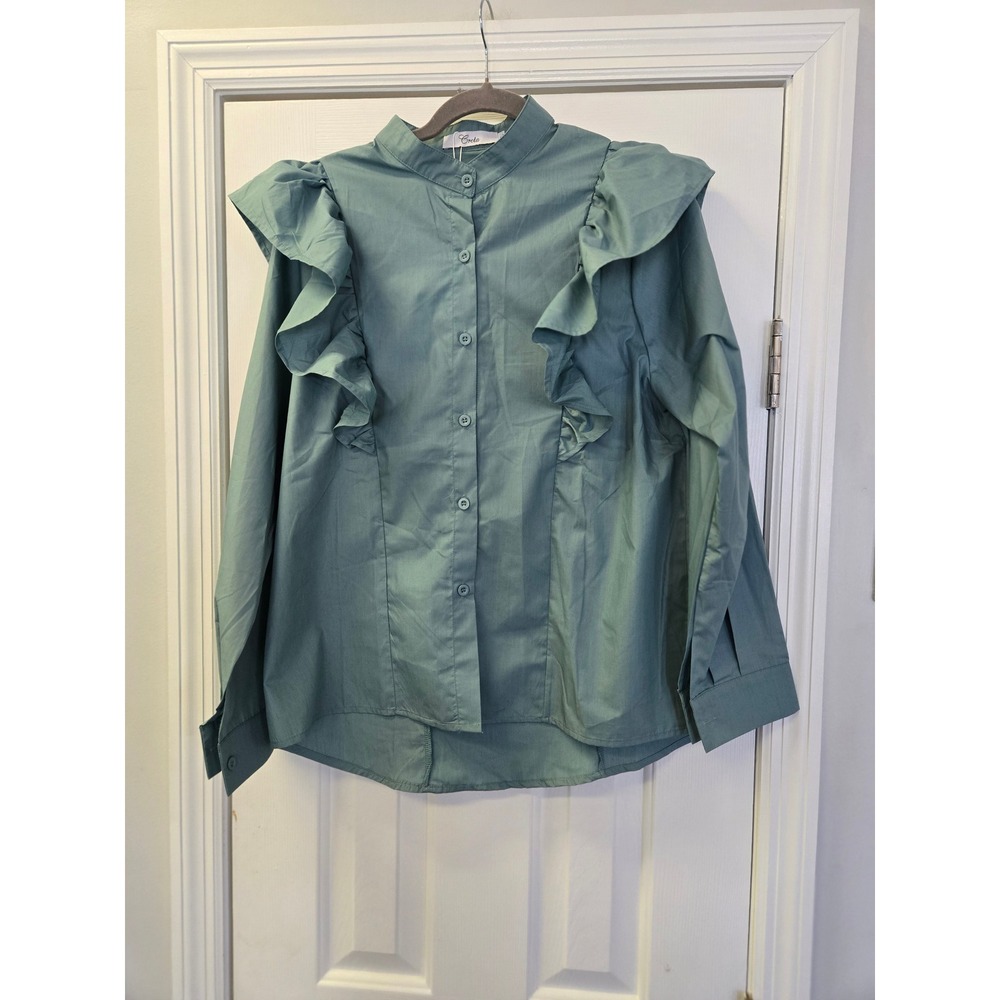 Creta Teal Green Ruffle Button Down Shirt Mandarin Collar Long Sleeve Top L New